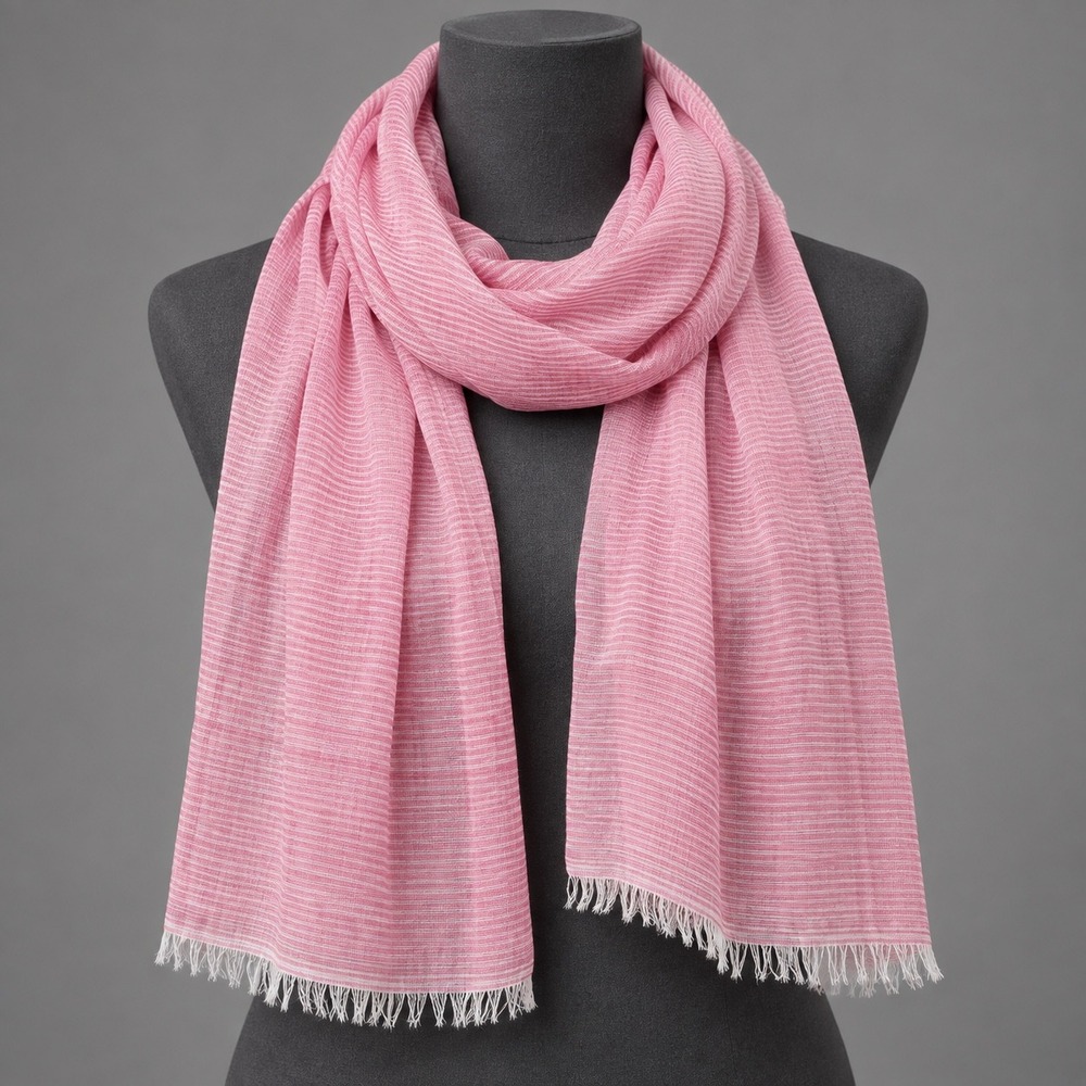 Pink White Striped Gauze Scarf Coastal Preppy Beach Lightweight Fringe Wrap